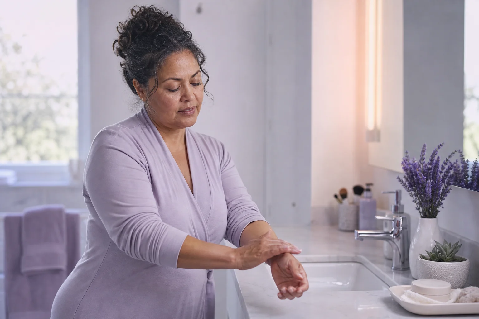A Latina woman in her early fifties smoothing moisturizer into her forearm at a bathroom sink, soft lavender morning light, fresh lavender in a vase nearby