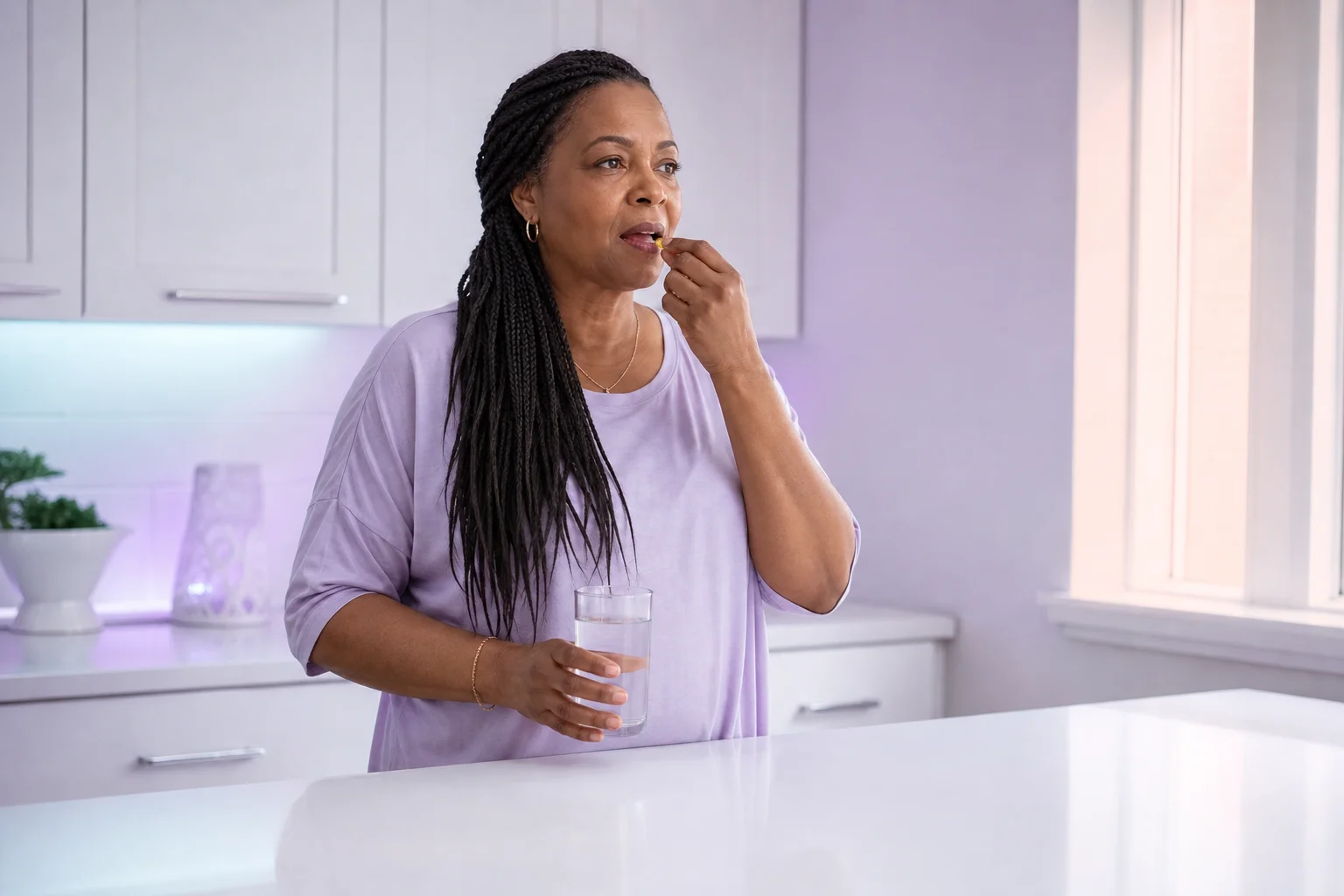 A Black woman in her late forties at a clear near-white kitchen counter in the morning, taking a single capsule with a glass of water, no food in sight