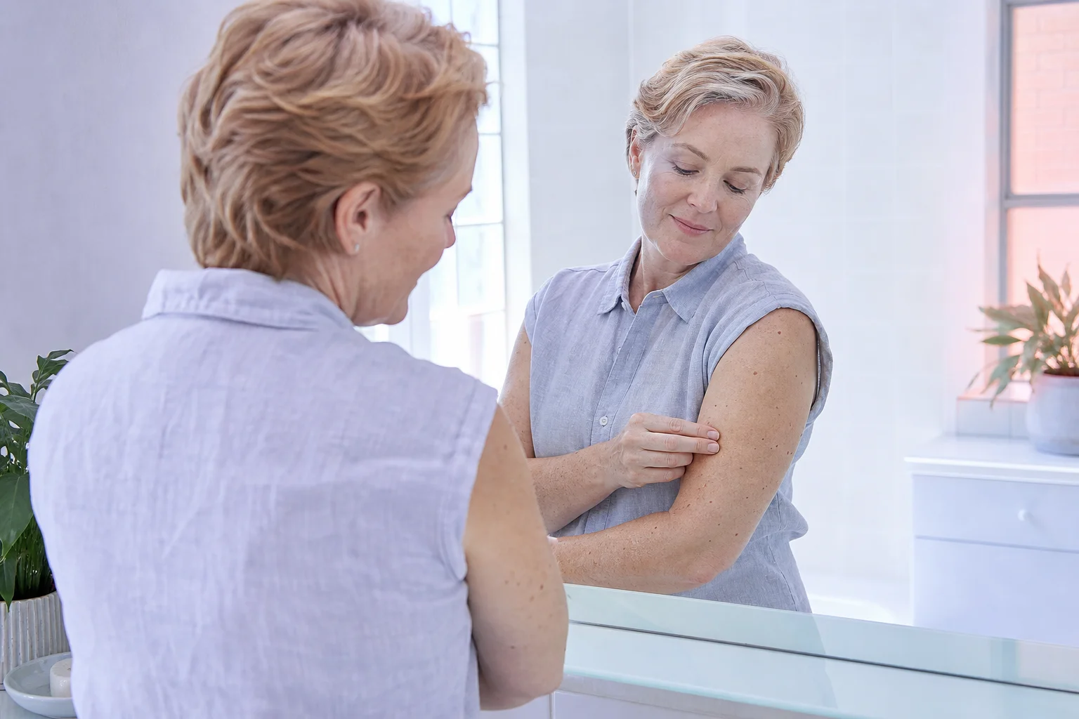 A woman in her early fifties with fair freckled skin checking a mole on her upper arm in a bright bathroom mirror, calm and routine