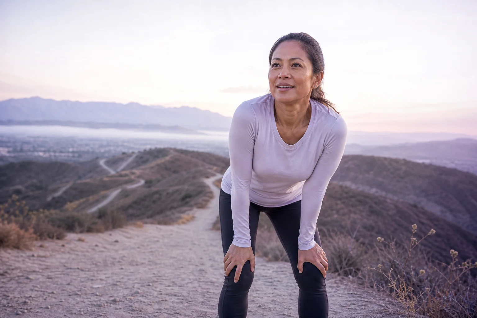 A Filipino woman in her late forties leaning forward with hands on her knees, catching her breath and smiling at the top of a hill trail at sunrise