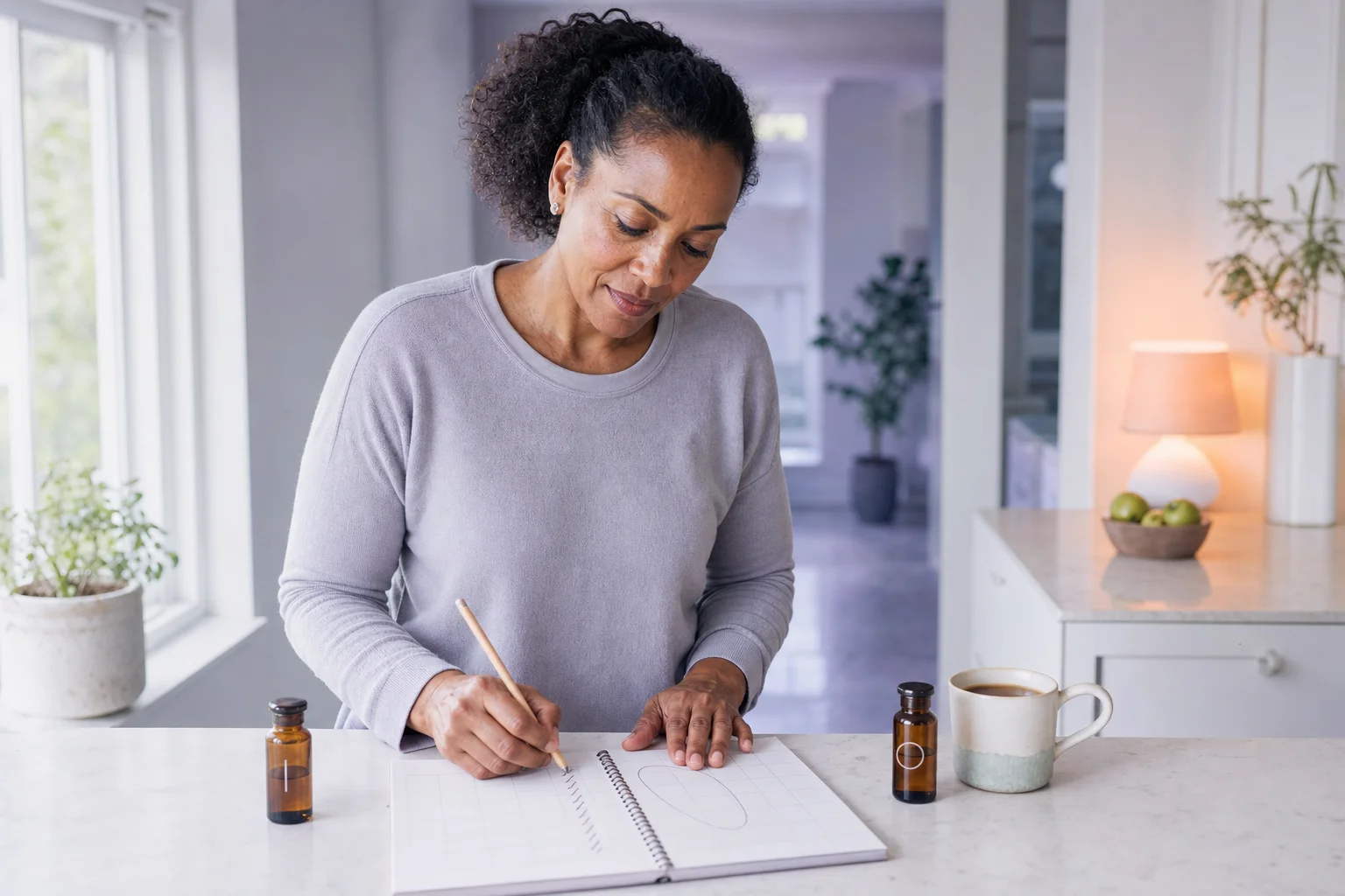 A healthy, energetic Black woman in her late forties at a bright kitchen counter, pencil in hand, marking a paper calendar where one run of daily marks sits beside a single circled block of weeks, two small amber vials and a coffee alongside
