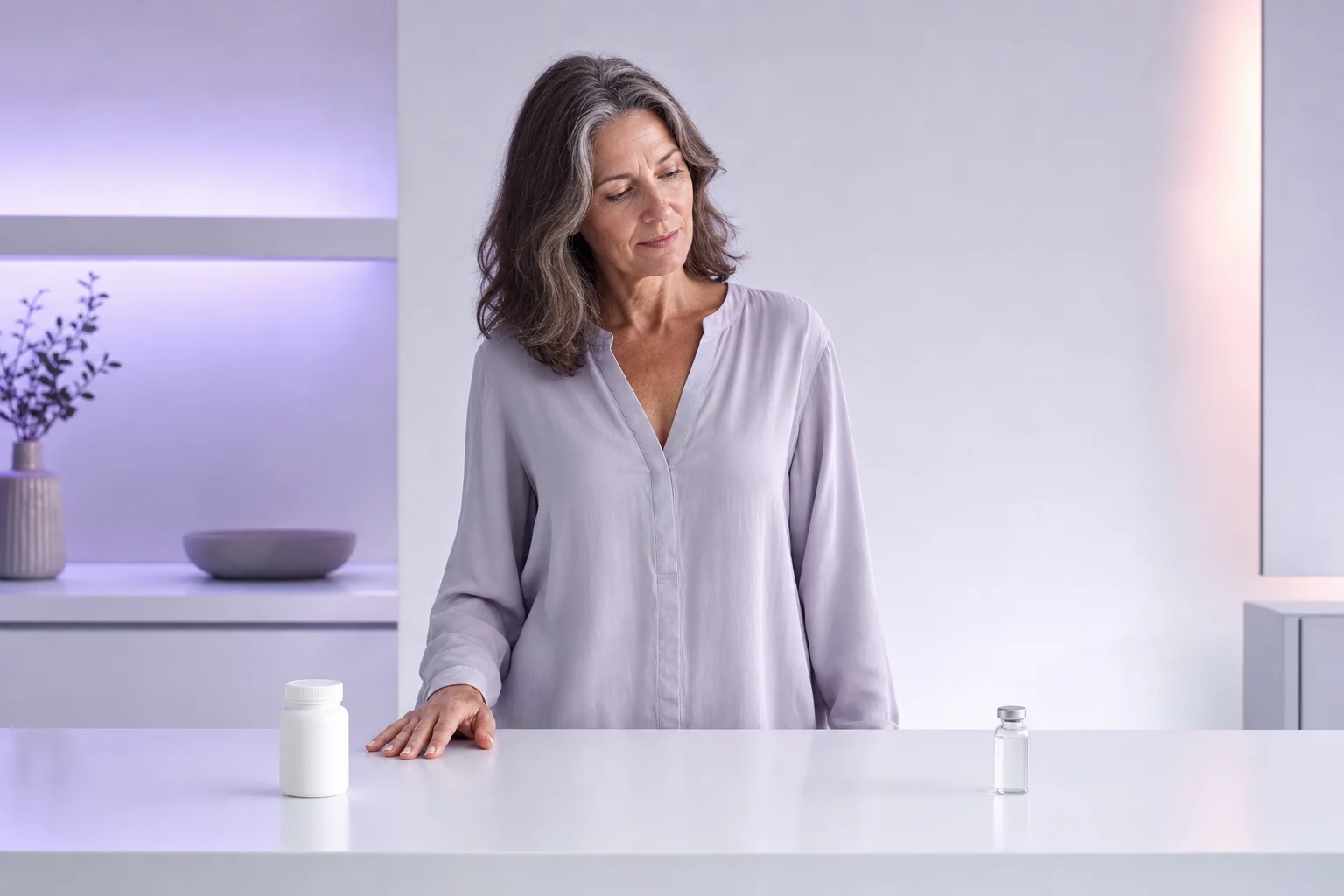 A woman in her fifties at a clean white counter considering two things set an equal distance apart, a plain white capsule bottle on one side and a small glass vial on the other