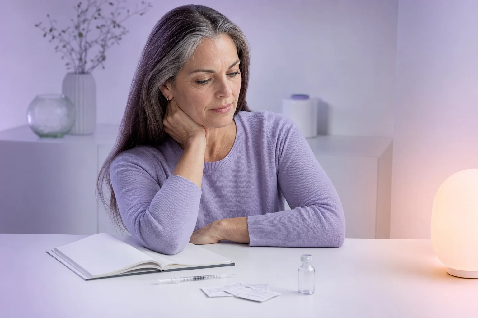 A woman in her fifties at a near-white desk calmly considering an insulin syringe, alcohol wipe pads, and a small glass vial in soft cool lavender light