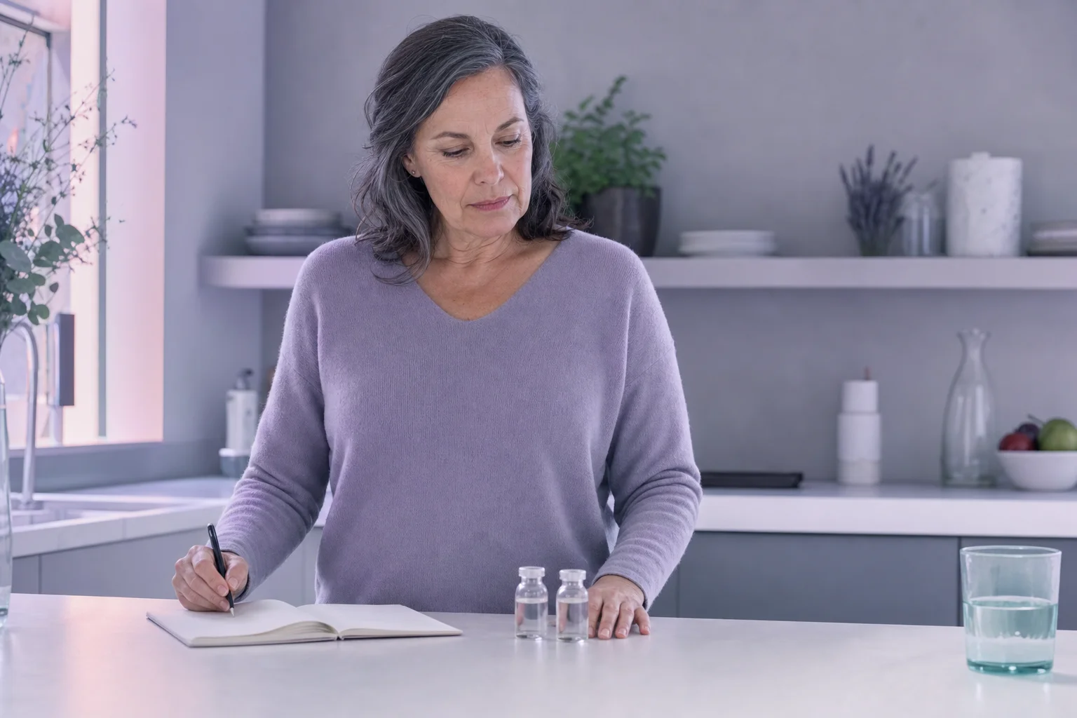 A woman in her forties standing at a near-white kitchen counter with an open notebook and two small glass vials, pen in hand, in soft cool lavender morning light.