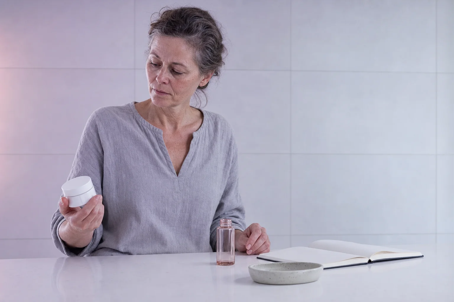A woman in her fifties at a near-white bathroom counter holding a plain cream jar, a small copper-tinted glass vial and an open notebook on the counter, in soft cool lavender light.