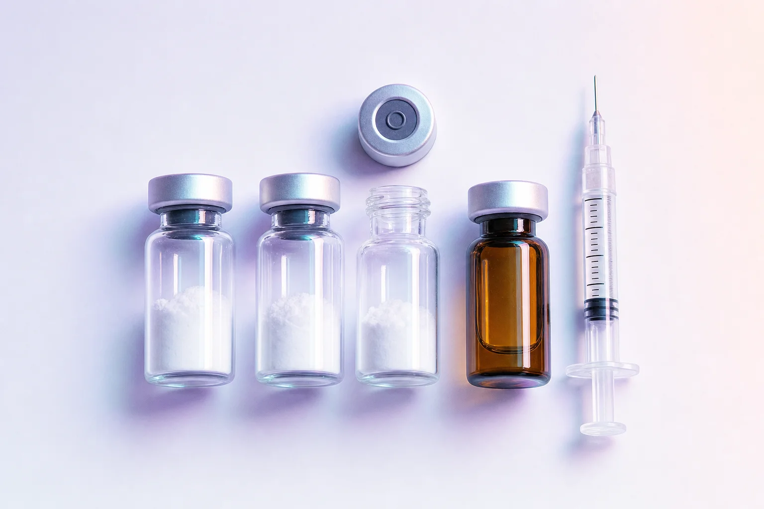Overhead flat-lay of peptide vials, bacteriostatic water, and a syringe on a clean white surface with lavender ambient light