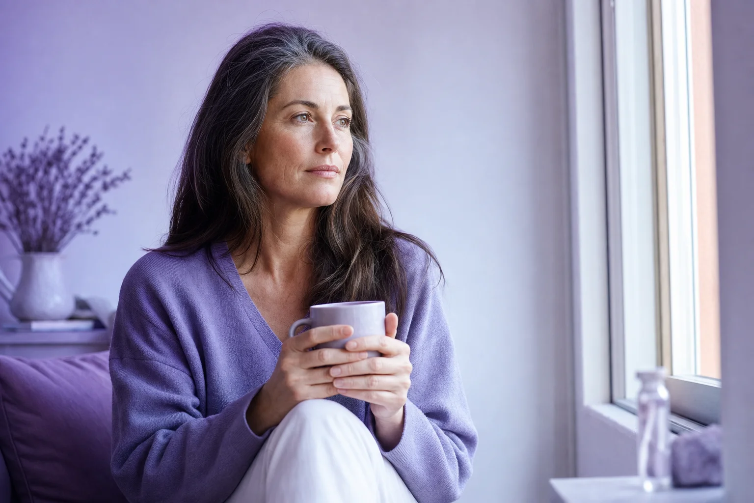 A woman in her late forties sitting by a window with tea, looking thoughtful in soft morning light