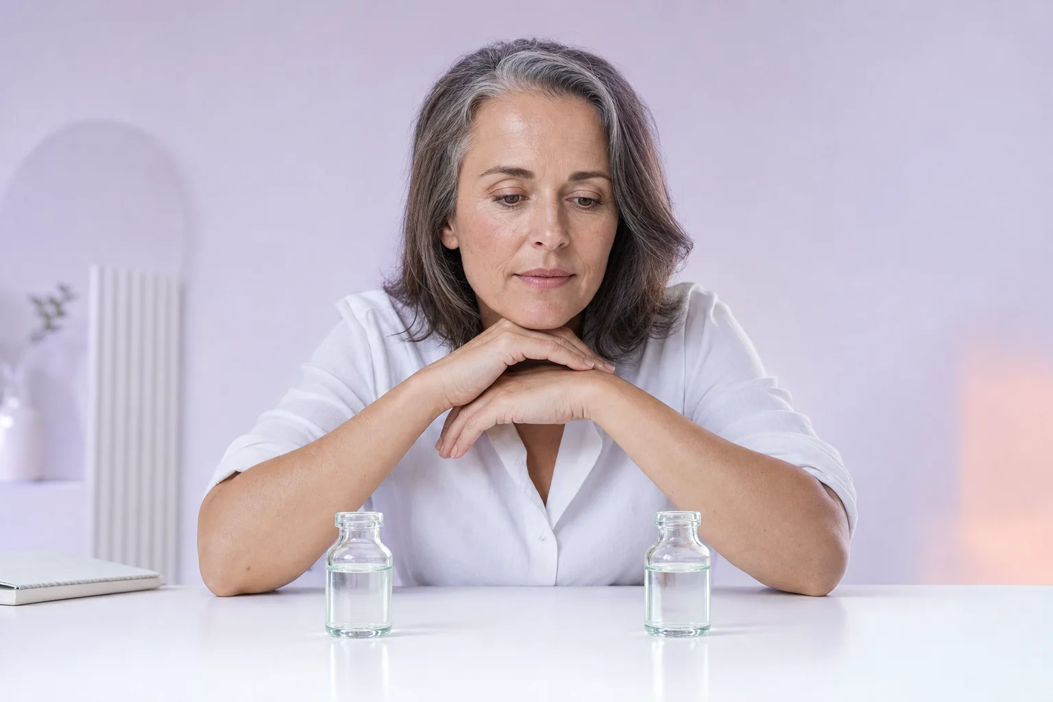 A woman in her fifties weighing two small glass vials on a near-white table in soft cool lavender light