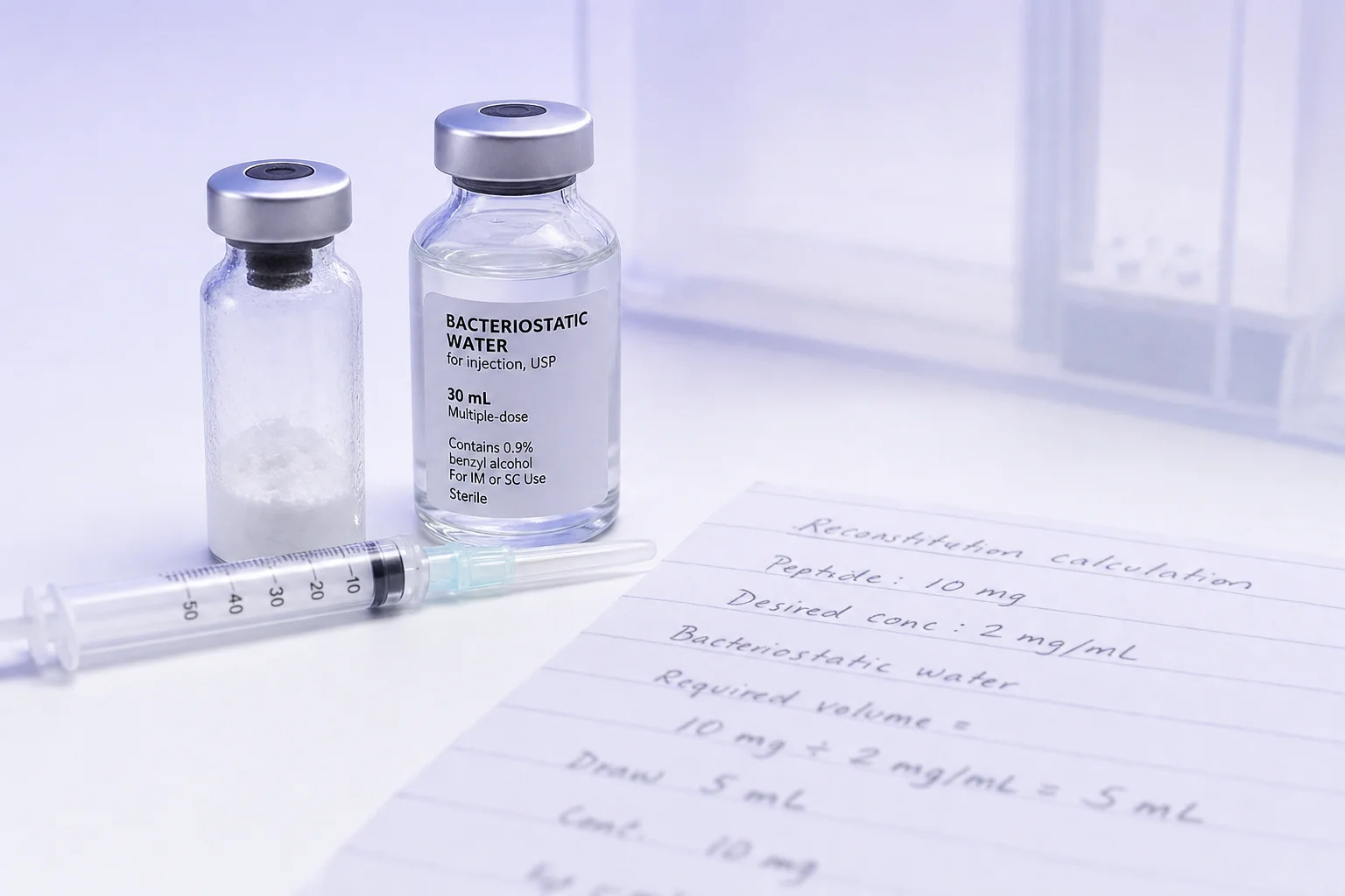 A syringe and peptide vial beside a bac water vial and handwritten calculation notes on a near-white surface