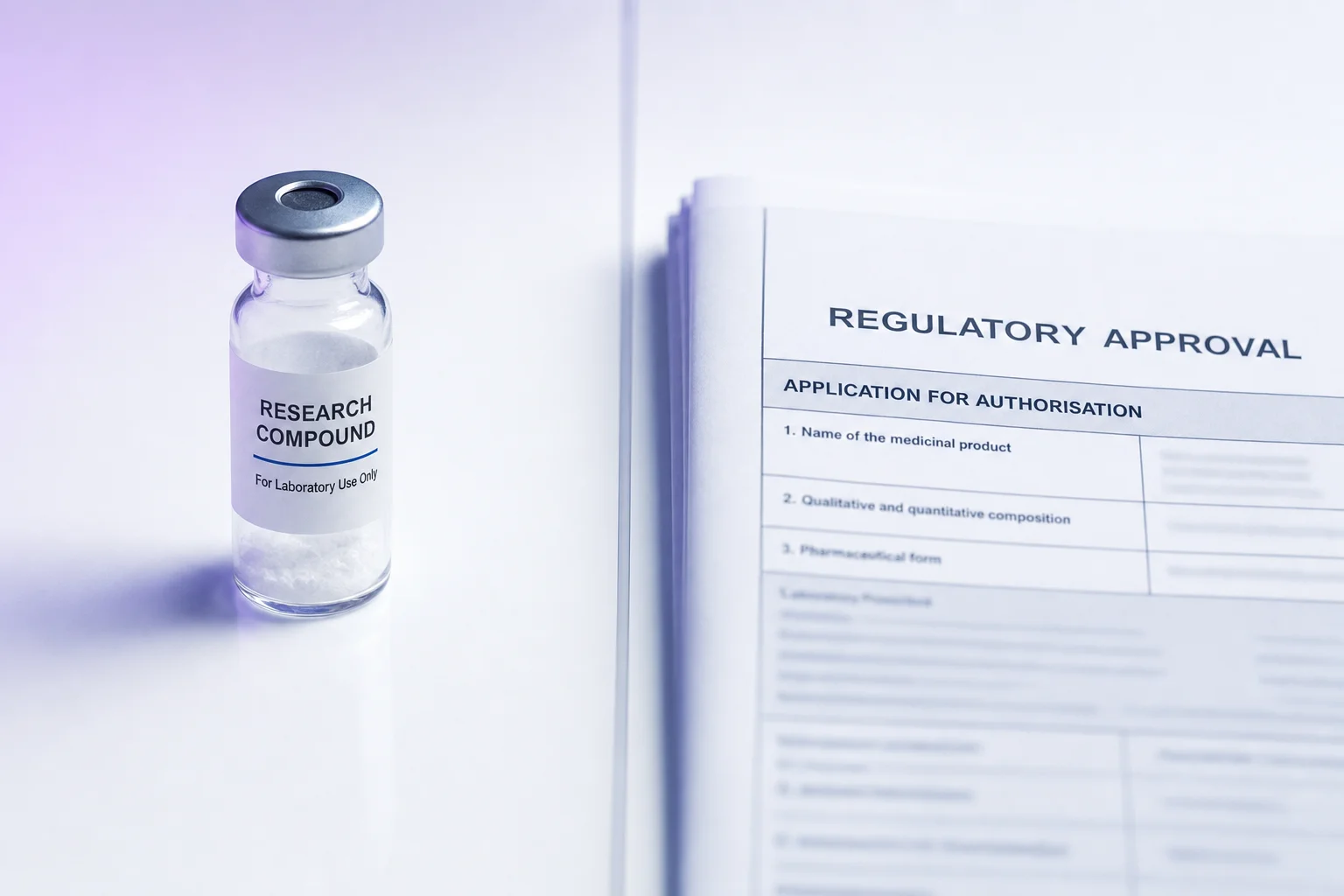 A glass vial beside a folded regulatory form on a near-white surface — evoking the boundary between research and approval