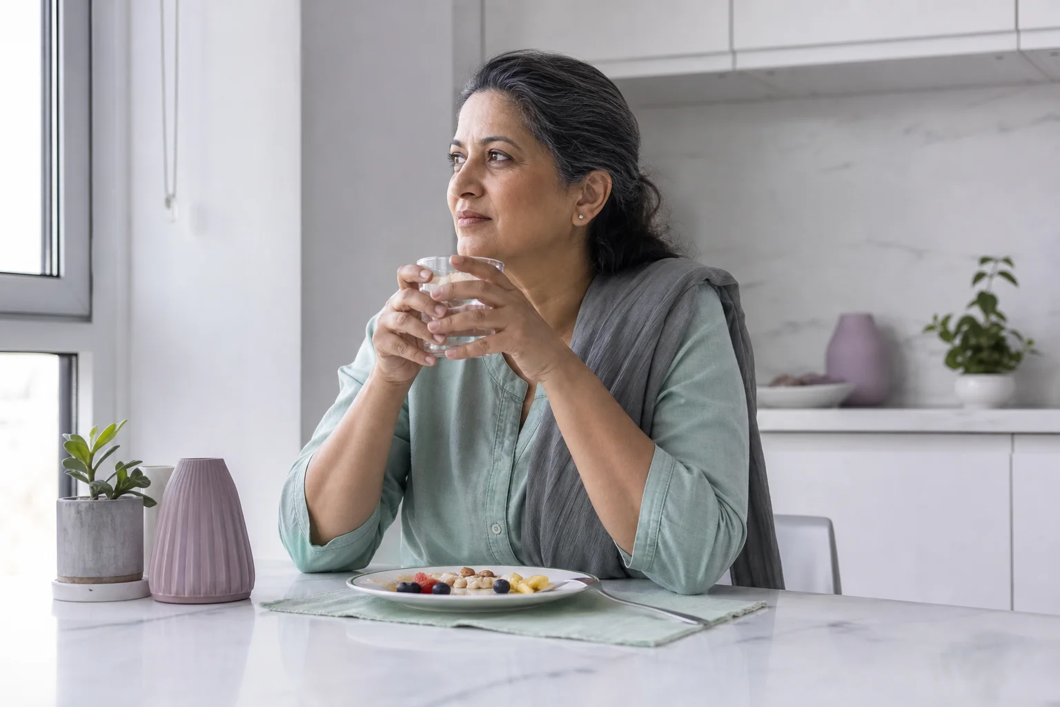 A South Asian woman in her late forties at a near-white kitchen table in early morning light, both hands around a glass of water, a barely touched plate of breakfast pushed away in front of her