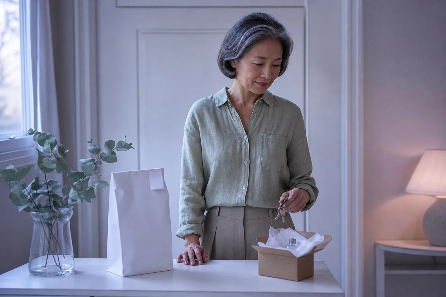 An East Asian woman in her early fifties with a grey bob and a sage linen shirt stands at a white console table by a window, looking down at a plain pharmacy bag on one side and an open shipping box with a small glass vial on the other, in soft lavender light.