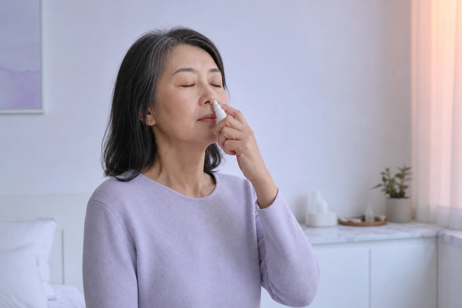 An East Asian woman in her early fifties using a small white nasal spray in a bright room, calm and matter-of-fact, as an ordinary part of her morning
