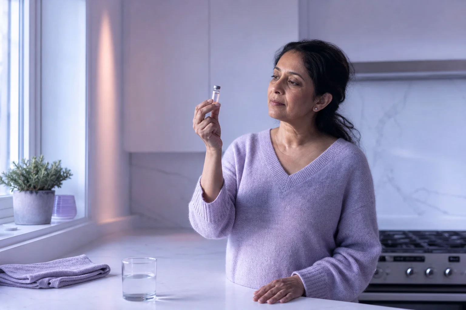 A South Asian woman in her late forties standing at a sunlit kitchen counter, holding a small glass vial up to the light while checking it before her weekly dose