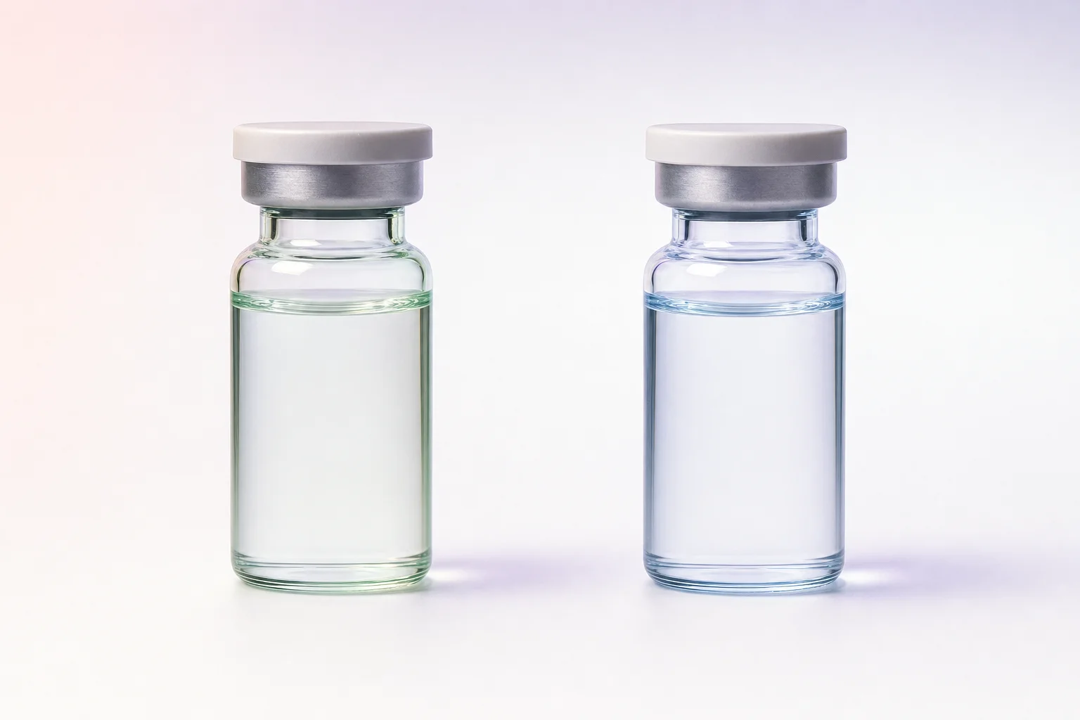 Two glass vials side by side on a clean white surface — a visual comparison with lavender ambient light