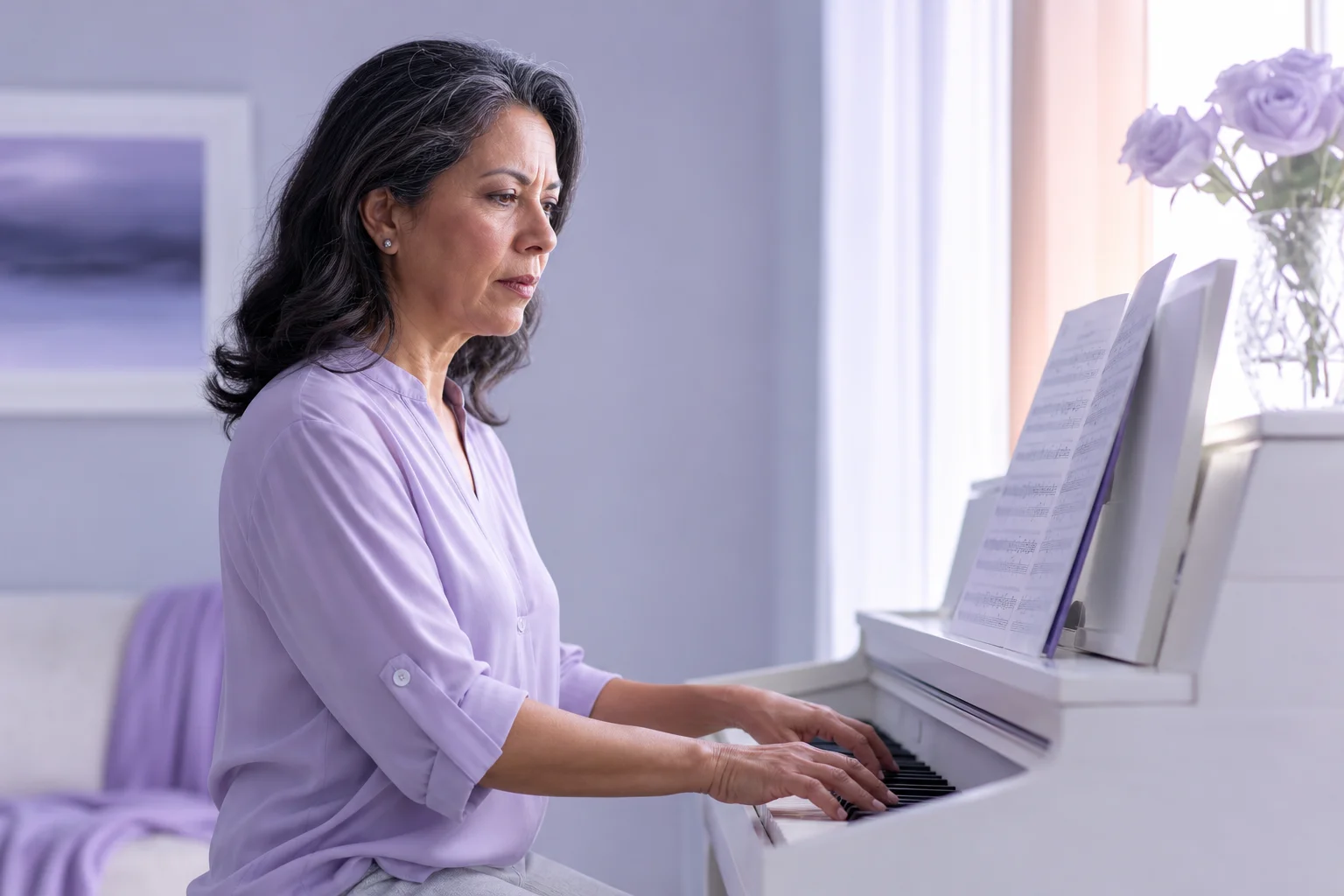 A Latina woman in her early fifties at an upright piano in morning light, hands on the keys and eyes on the sheet music, absorbed in a demanding passage