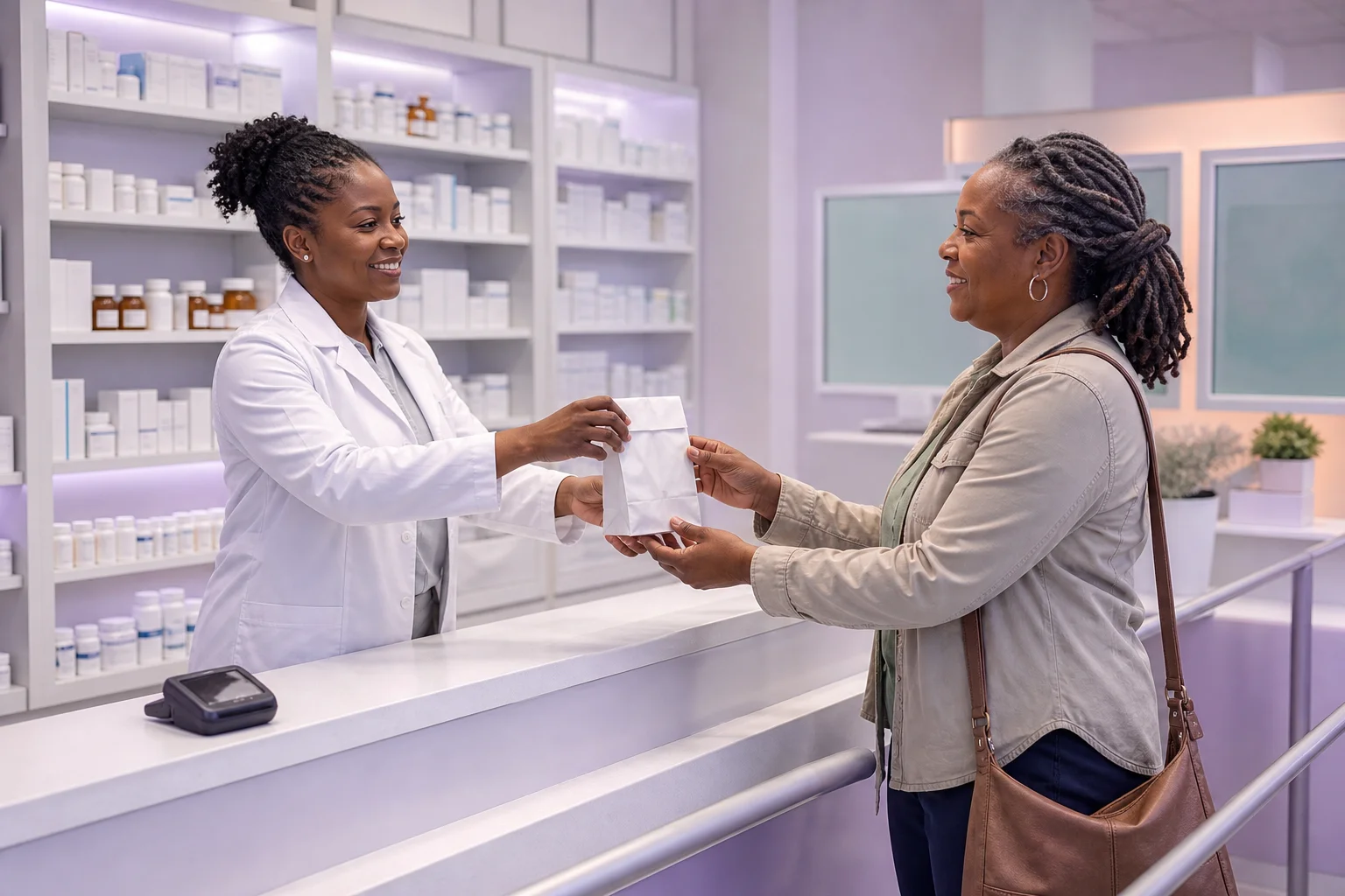 A pharmacist in a white coat handing a small white prescription bag across the counter to a Black woman in her early fifties, dispensary shelves of medicine boxes behind them