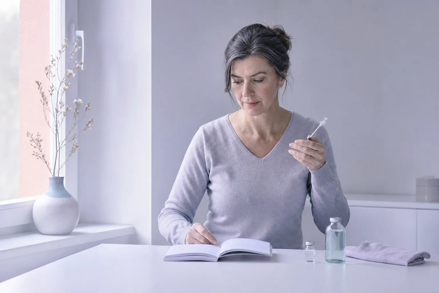 A woman in her fifties pausing with an insulin syringe in hand to check an open notebook, two vials and a folded cloth on the white table beside her