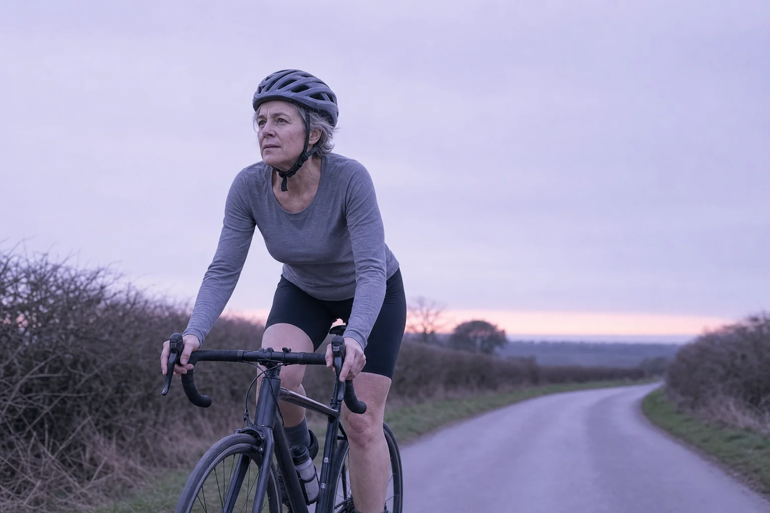 A woman in her fifties cycling along a quiet road at first light, out of the saddle on a rise