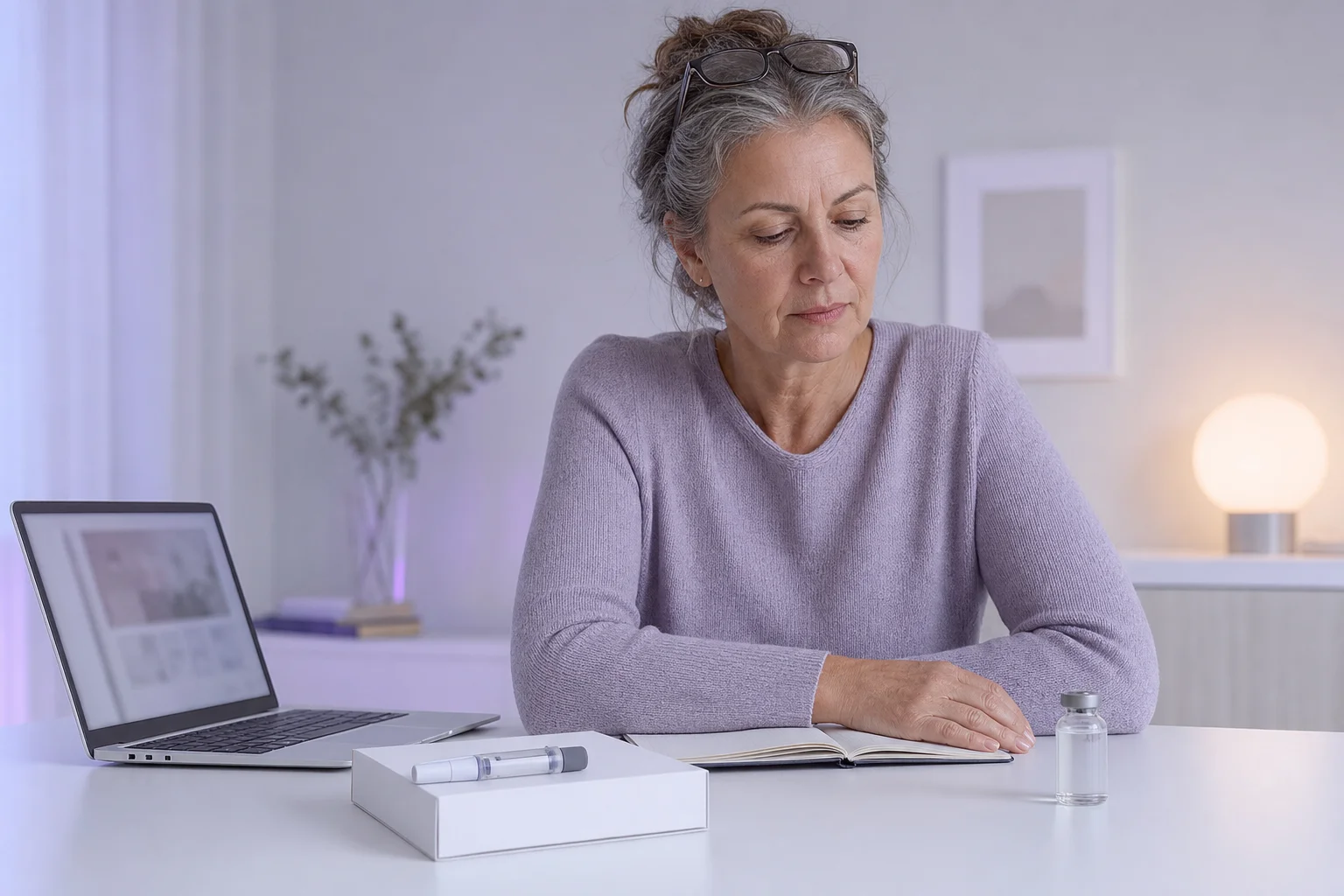 A woman in her fifties at a near-white desk, a pharmacy box with an injector pen on one side and a small glass vial on the other, looking at the vial in soft cool lavender light.