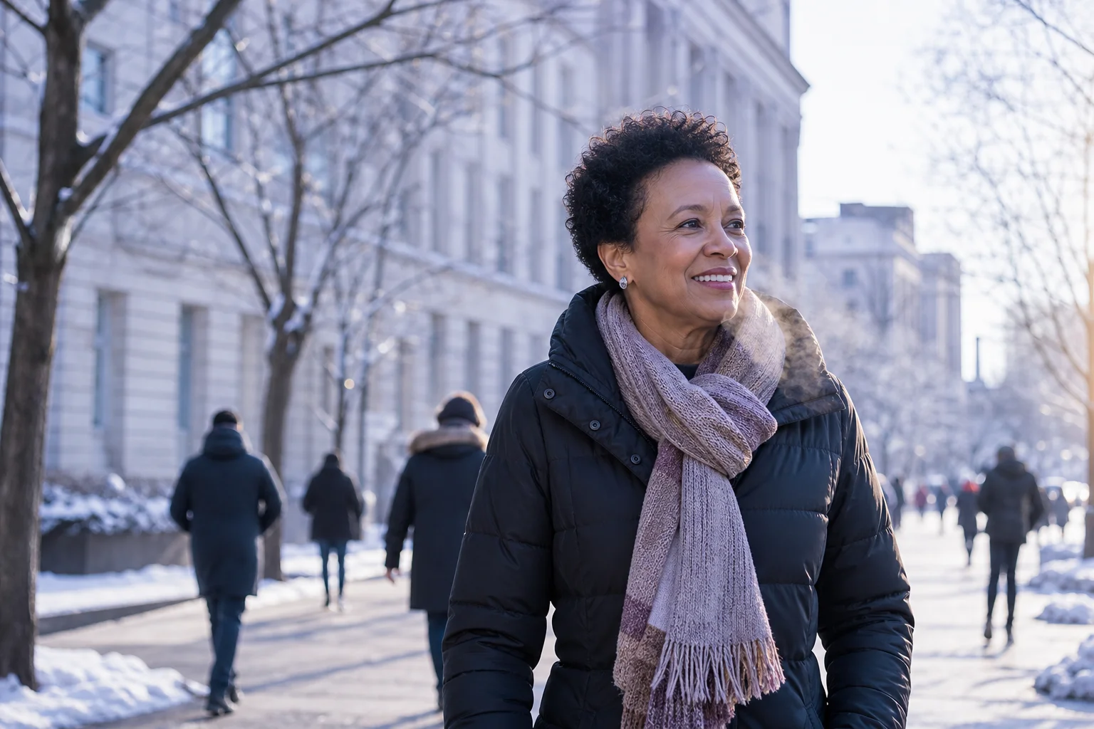 A Black woman in her early fifties walking briskly along a snowy city pavement on a cold bright winter day, well and full of energy while others are bundled up around her