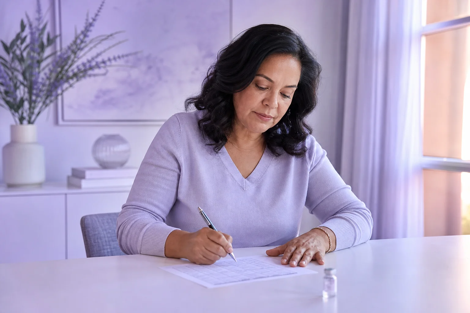 A Latina woman in her early fifties seated at a sunlit dining table, reviewing a printed dosing log beside a small glass vial and a pen