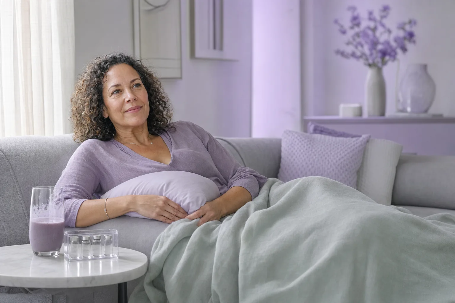 A middle-aged woman resting on a couch after surgery, protein shake and a small organizer of vials on the side table, gentle daylight.