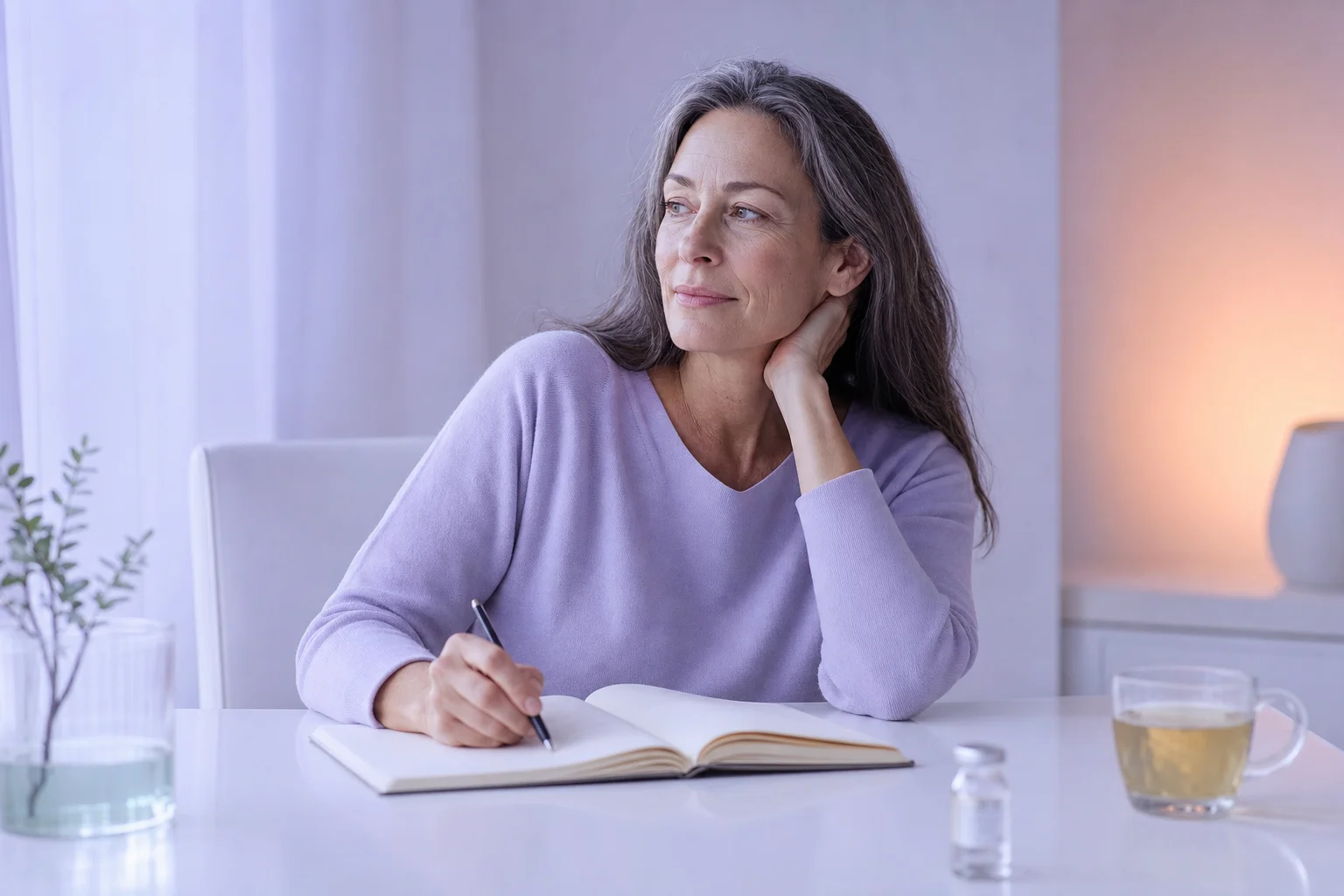 A woman in her fifties journaling at a near-white desk in soft lavender morning light, a small glass vial and a cup of tea nearby