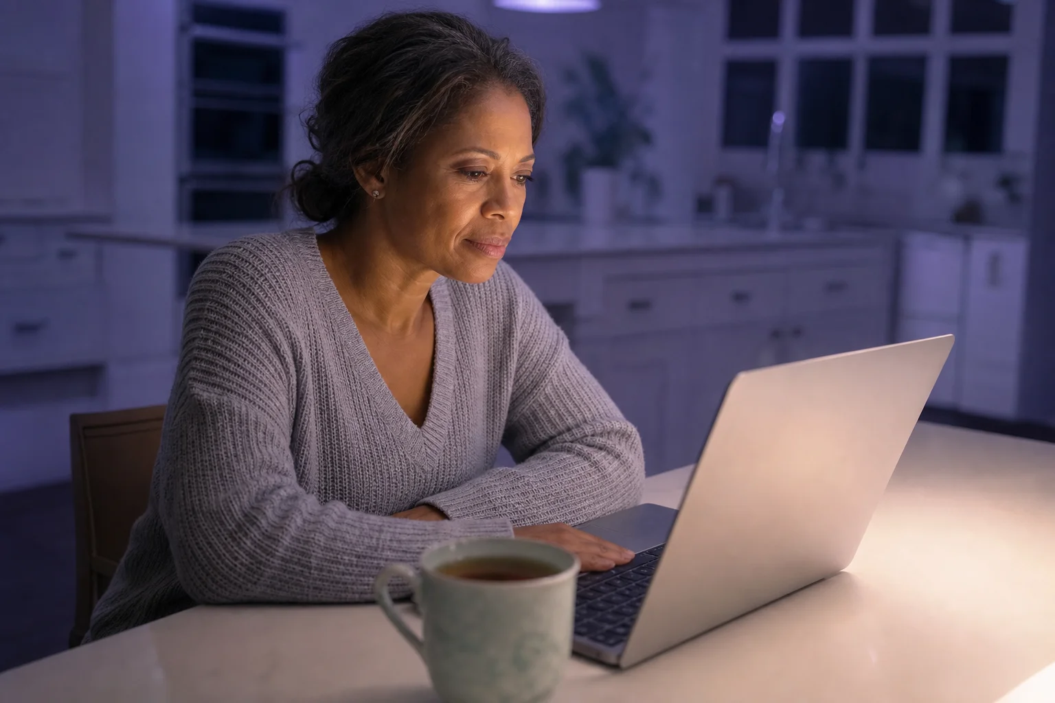 A woman in her late forties at her kitchen table in the evening, laptop open, reading intently with a cup of tea nearby