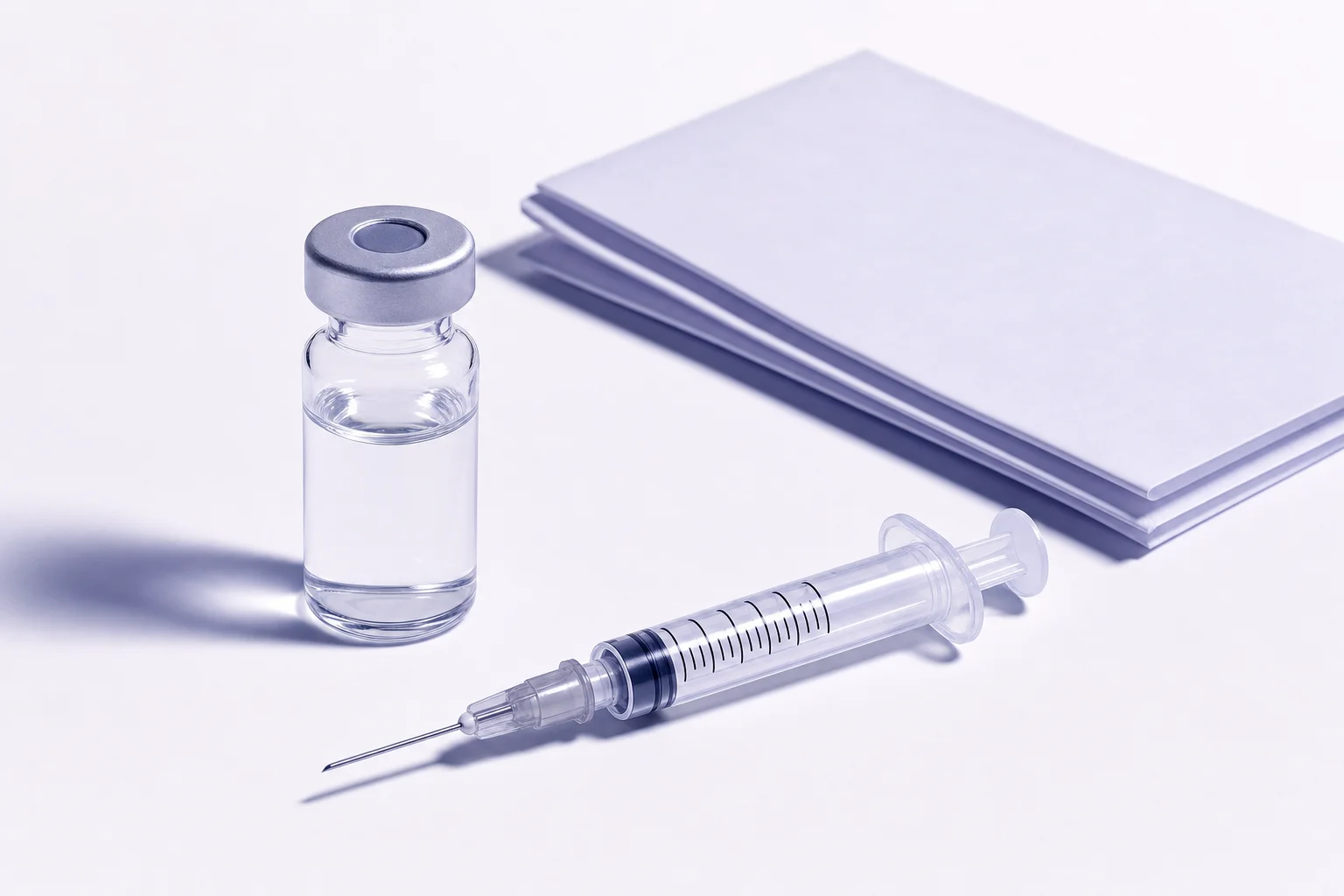 A glass vial of bacteriostatic water beside a sterile syringe and sourcing checklist on a near-white surface with cool lavender light