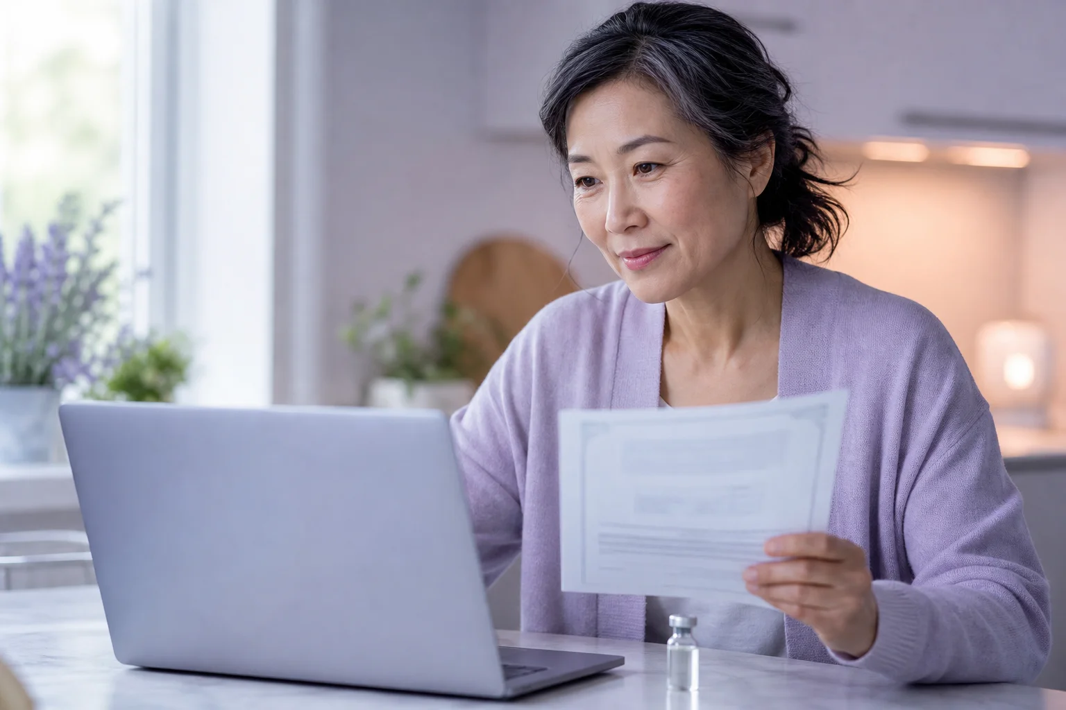 A woman in her late forties at a laptop at a bright kitchen table, cross-checking a printed certificate of analysis against a vendor's website, a thumb-sized glass vial on the table beside her
