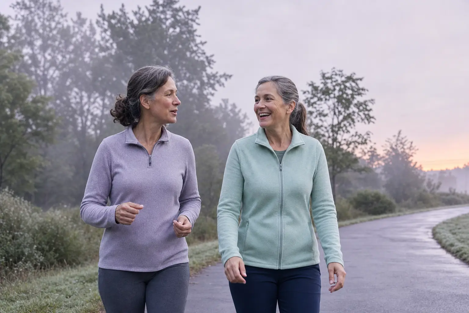 Two women in their fifties walking side by side along a misty park path in early morning light, mid-conversation, one laughing