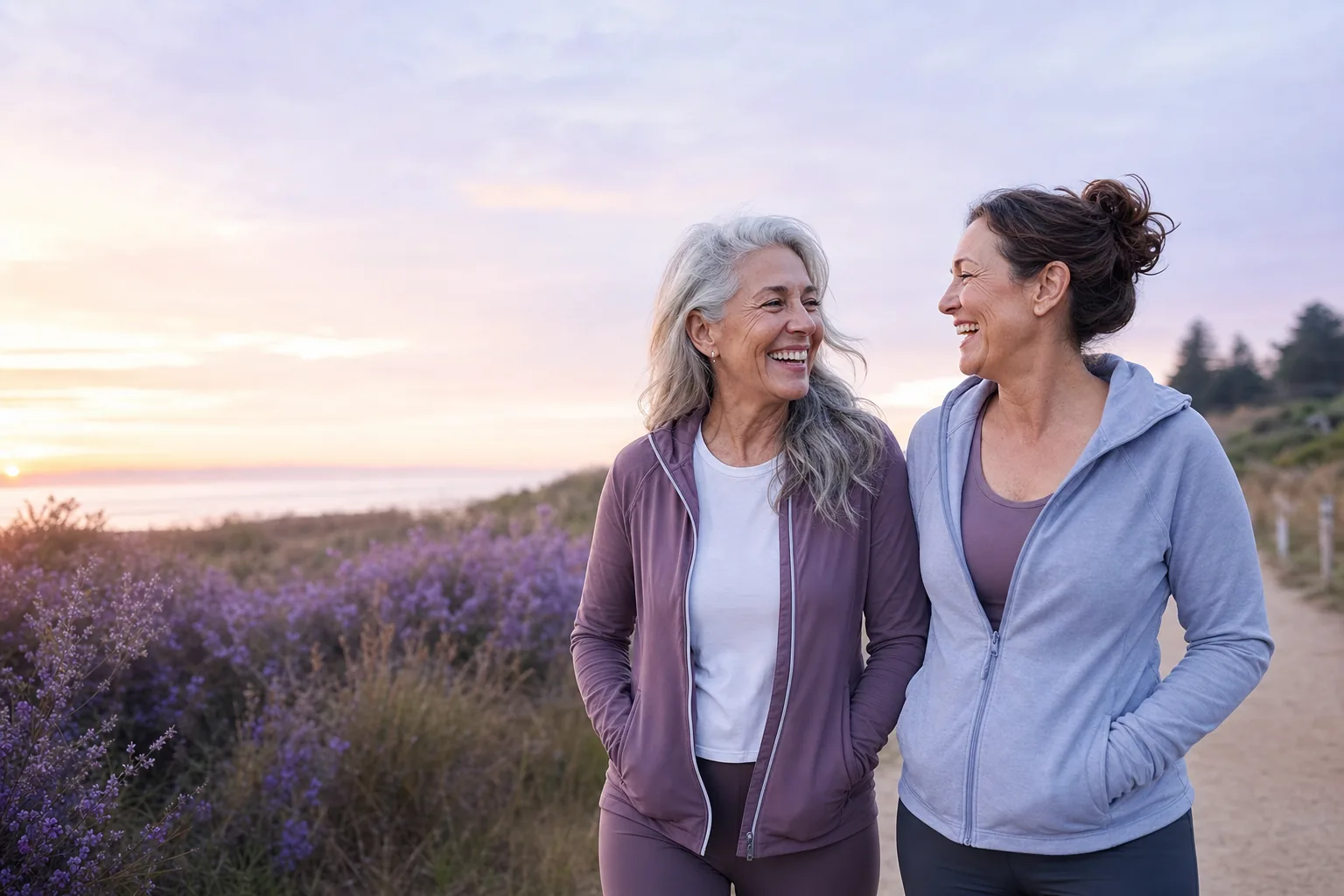 Two women in their fifties walking a coastal path at sunrise, laughing mid-conversation